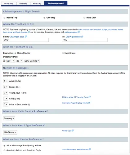 Award Reservations Flight Search | American Airlines AAdvantage Frequent Flyer Miles | AA.com