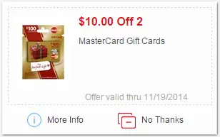 Mperks $10 Off 2 MasterCard Gift Cards