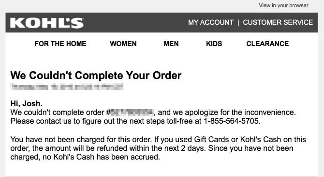Kohl's Order Cancellation Email